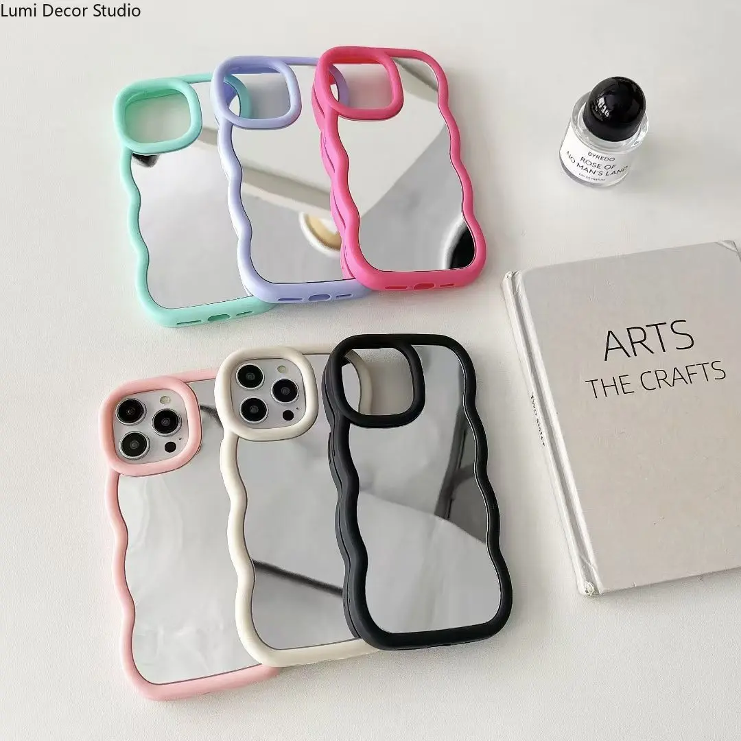 Macaron Wave Mirror Phone Case - Glossy Makeup Mirror Protective Cover for 11-17 Pro Max Series Phones, Daily Carry and Cute Style