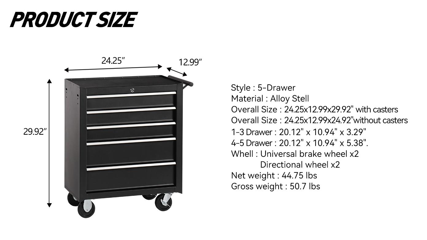 5-Drawer Rolling Tool Chest w/Lock & Key, Tool Storage Cabinet with Wheels, Top Cushion & Drawer Liners, Tool Organizer Box for Garage, Warehouse & Repair Shop