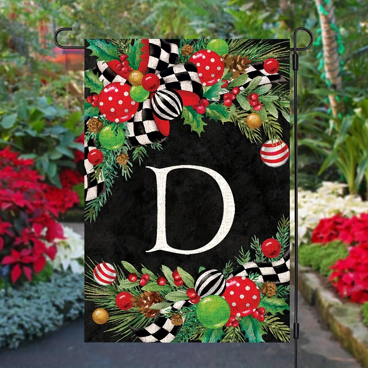 Linen Christmas Monogram Letter Garden Flag - Initial Personalized Family Name Yard Banner Sign,Double-Sided Print, Festive Holiday Outdoor Decoration, Yule Holly Design, No Flagpole Included Ornaments