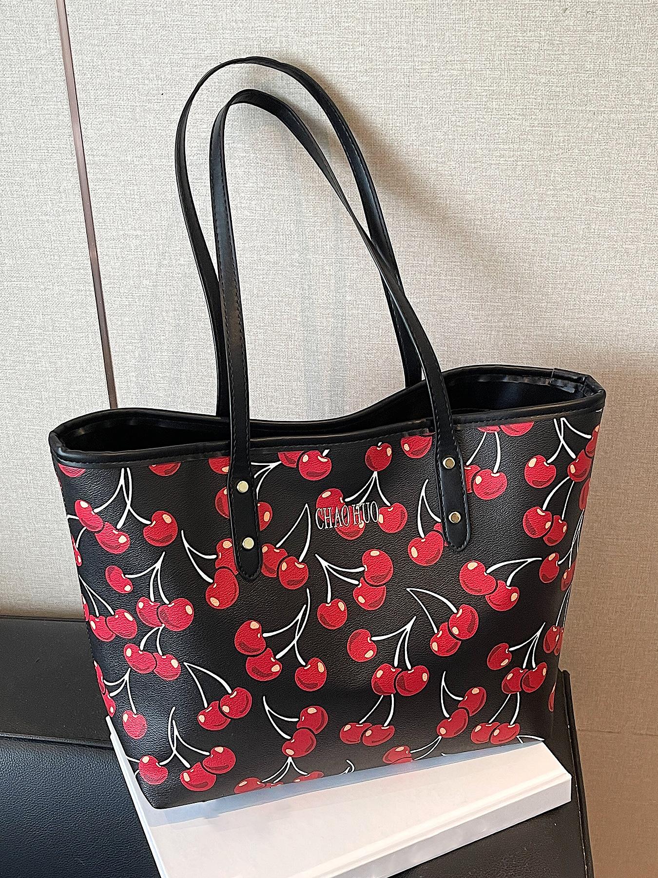 Niche cherry fruit pattern printed tote bag, Lightweight tote bag, one-shoulder underarm bag, casual handbag, Casual commuter bag, Casual trendy purses, versatile for daily commuting, multiple colors available, suitable for college students