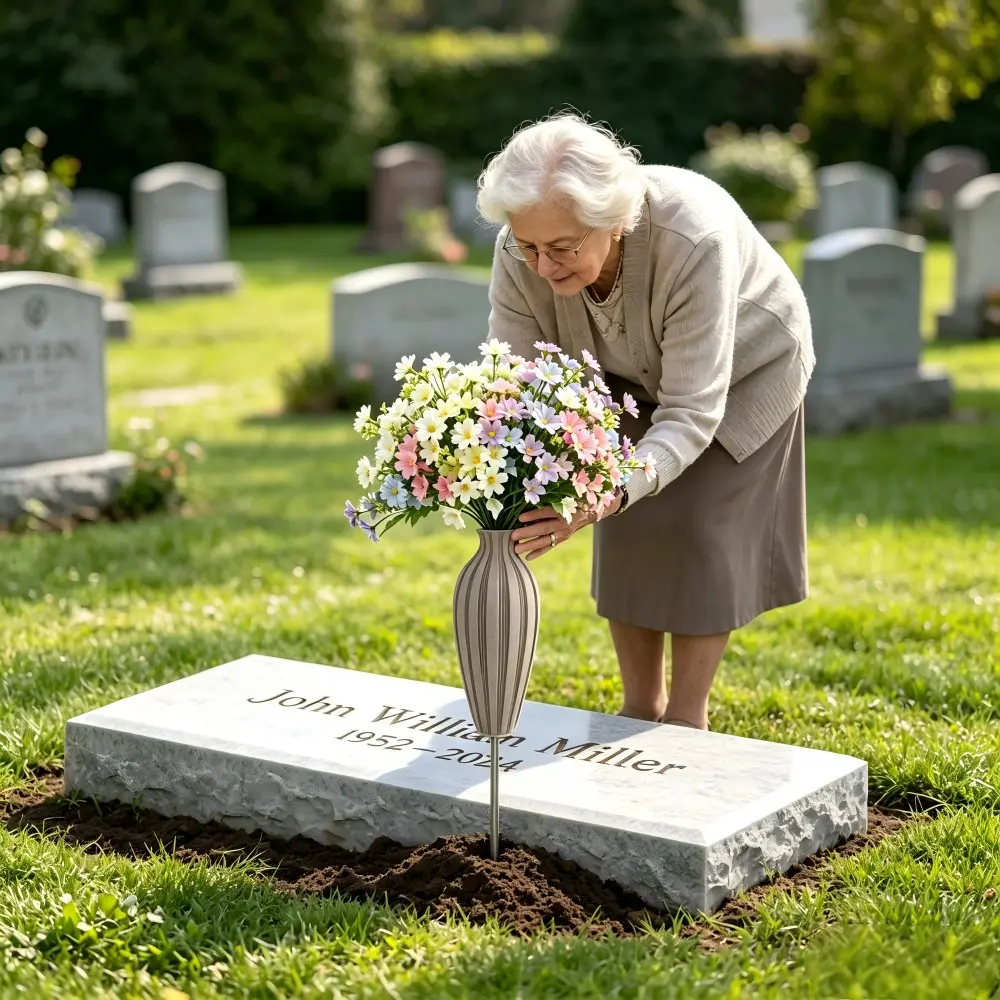Resin Sandstone Memorial Vase with Metal Stake, Outdoor Waterproof Grave Marker Flower Stand, Lawn Cross Stone Decoration Ornament