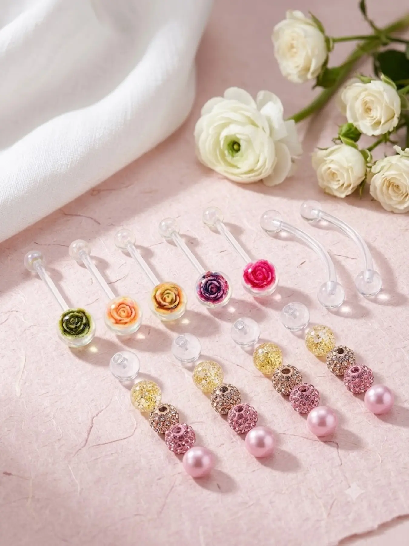 Pregnancy Belly Button Rings Set 14G Clear Acrylic Bioflex Rose Polymer Clay Floral Ball Navel End Elegant 1.6×38mm Maternity Navel Ring Barbell Body Jewelry Piercing
