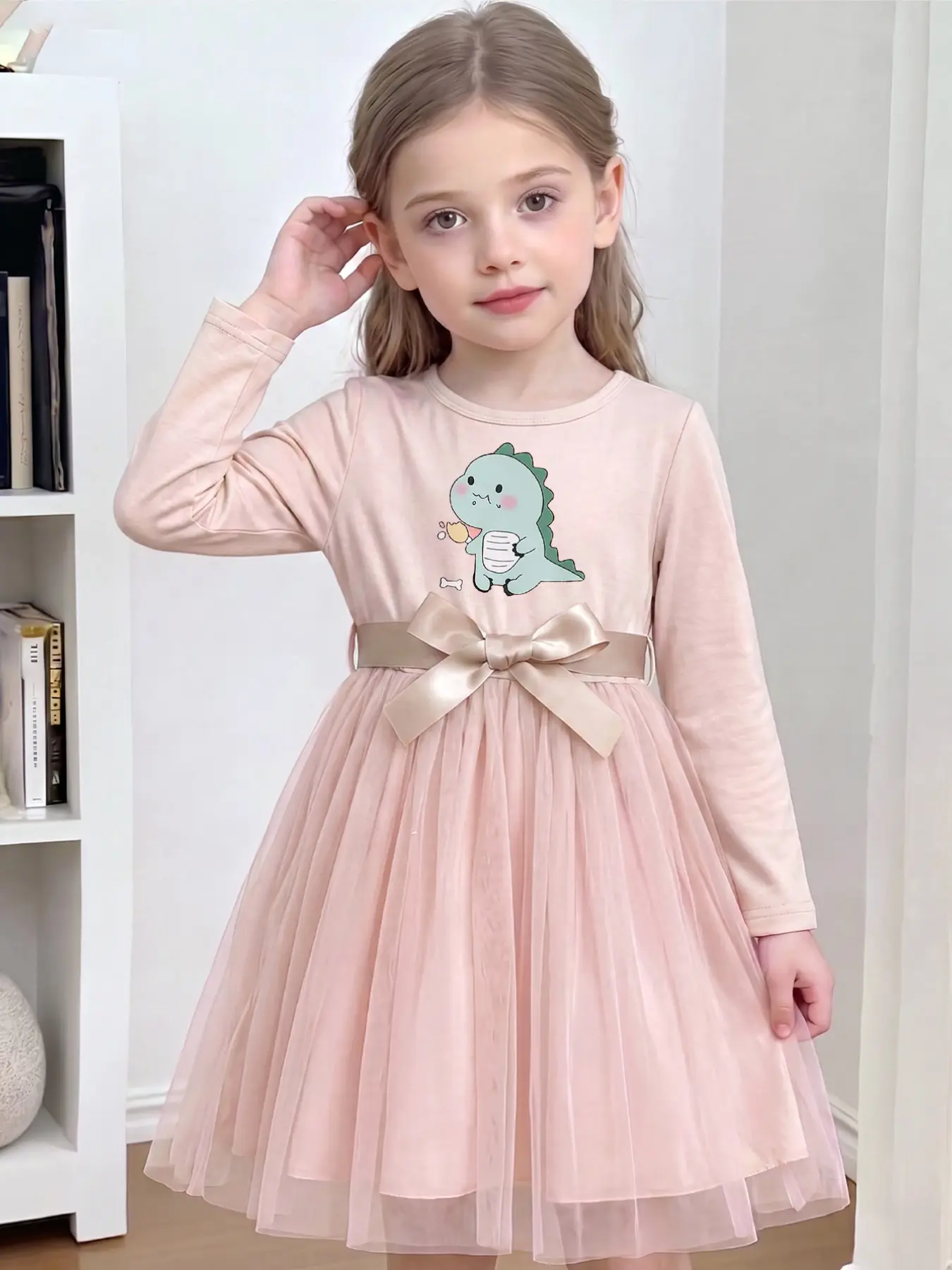 Girls' Cartoon Cute Dinosaur Print Bow Tie Long Sleeve Round Neck Fashion Dress, Summer Cute Dresses, Kawaii Dress, Loose-Fitting Casual All-Season Clothing