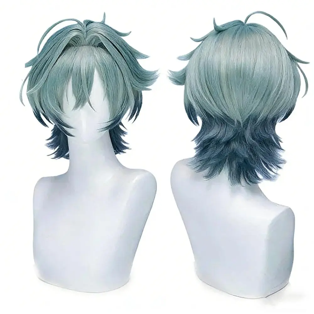 Game Genshin Impact Lohen Cosplay Wig Blue Green Gradient Short Hair Heat Resistant Synthetic Full Wig Halloween Carnival Prop