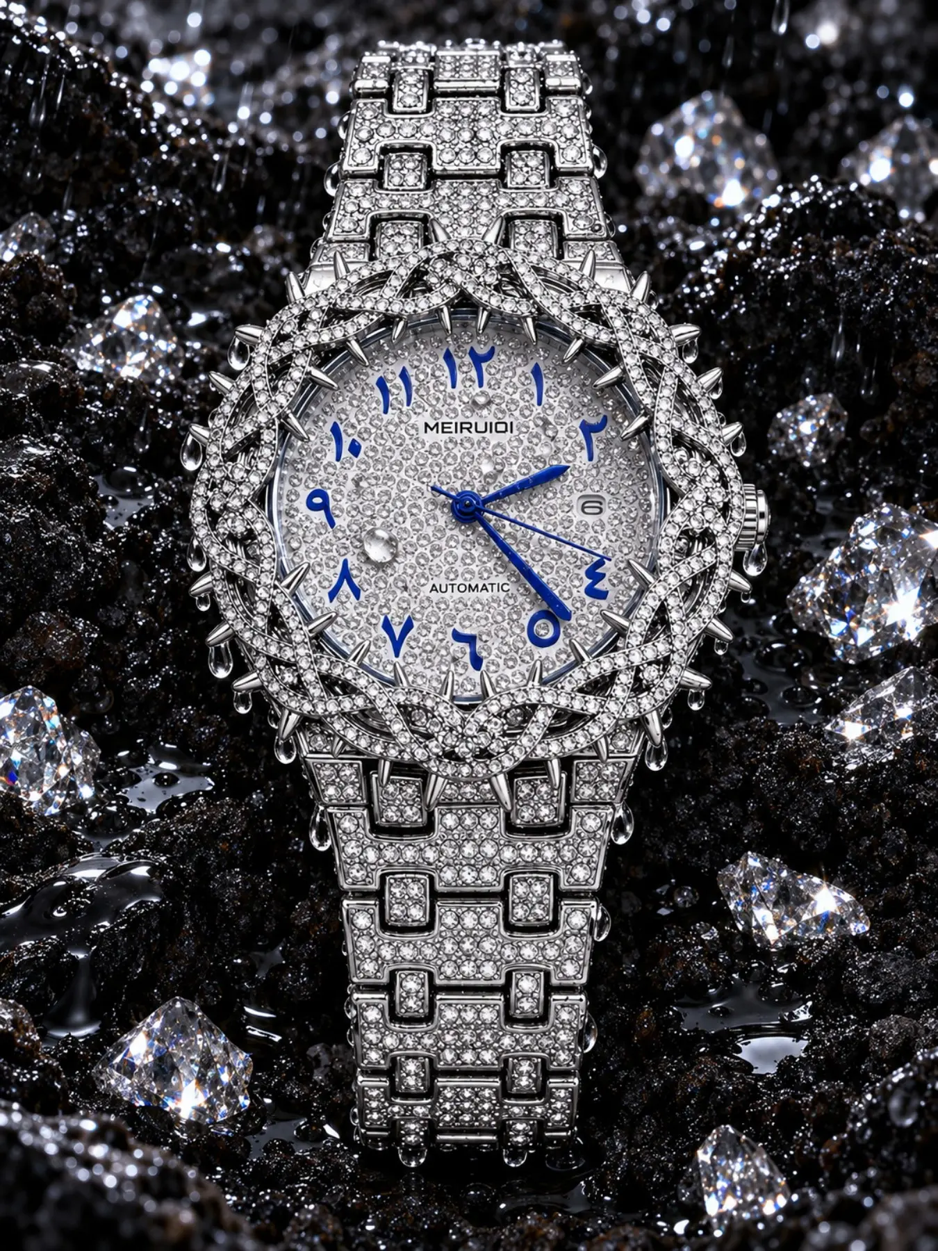 Bold Mechanical Watch, Full Diamond Design, Thorn Crown Bezel, Starry Dial with Calendar, Perfect for Parties, Men's Fashion Watch, Automatic Analog Wristwatch