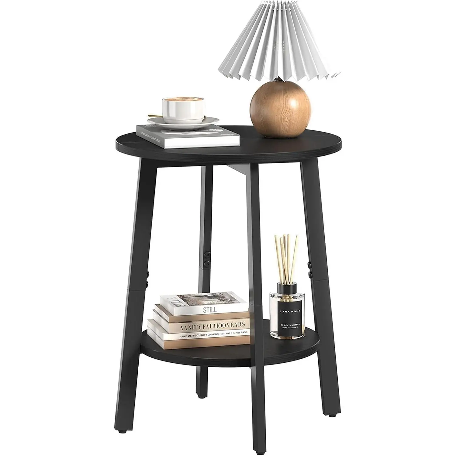 Side Table, Small Round End Table with Storage Shelf for Small Space, 2-Tier Black Bedside Table Sofa Couch Table, Round Accent Table Nightstands for Living Room, Bedroom, Black