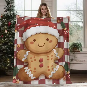 1Pc Gingerbread For Man Christmas Throw Blanket Cozy Holiday Fleece Blanket Christmas Bedding For Sofa Or Bed Warm And Soft Decorative Blanket For Winter