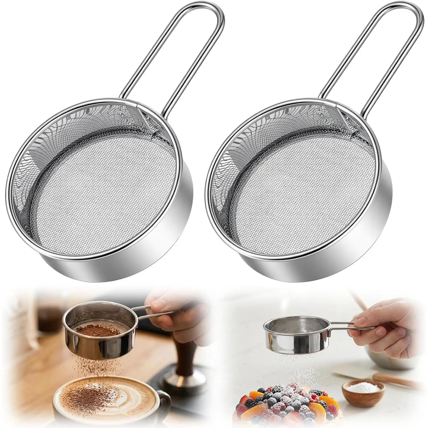 2 count Powdered Sugar Sifter Mini Flour Sifter Stainless Steel Flour Duster for Baking Flours or Powdered Sugar Shaker Duster with Handle Strainer for  Sugars Spices Coffee Pastas