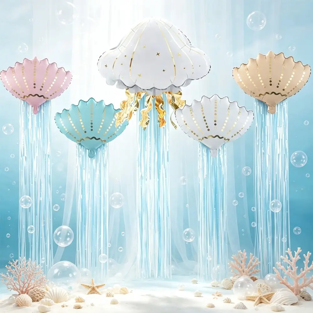 Jellyfish and Four-Color Scallop Aluminum Foil Balloons with Blue Rain Curtain, Ocean Theme Birthday Party Decor, Baby Shower Supplies, Balloon Decorations Kit