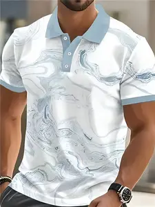 Base Light Blue Ink Wash Marble Print Polo, Same Color Collar and Hem, Breathable Business Short Sleeve, Fitted Long Sleeve