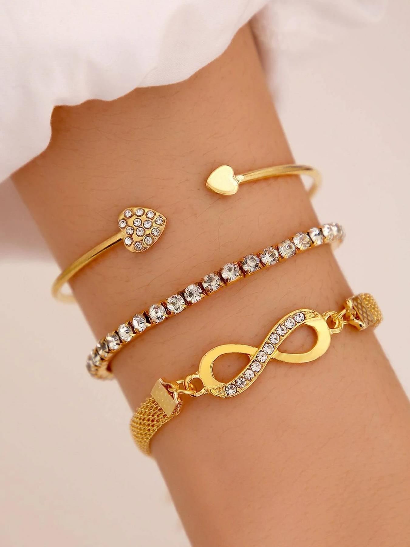 3pcs Women's Minimalist Elegant Heart Rhinestone Bangles Set, Pretty Bracelet, Bracelet Bundle, Fashion Accessories for Parties and Daily Wear, Versatile Elegant Jewelry Bracelet Set