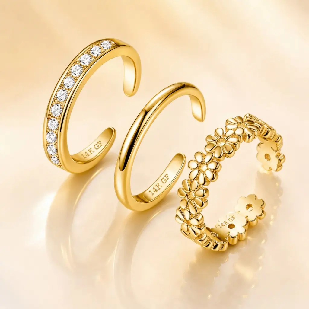 Women's 3Pcs Adjustable Toe Rings Set, 14K Gold-Plated Copper Open U-Shaped Bands with Shiny Cubic Zirconia, Flower & Plain Designs, Tarnish-Resistant Stackable Jewelry for Summer Beach, Casual Wear