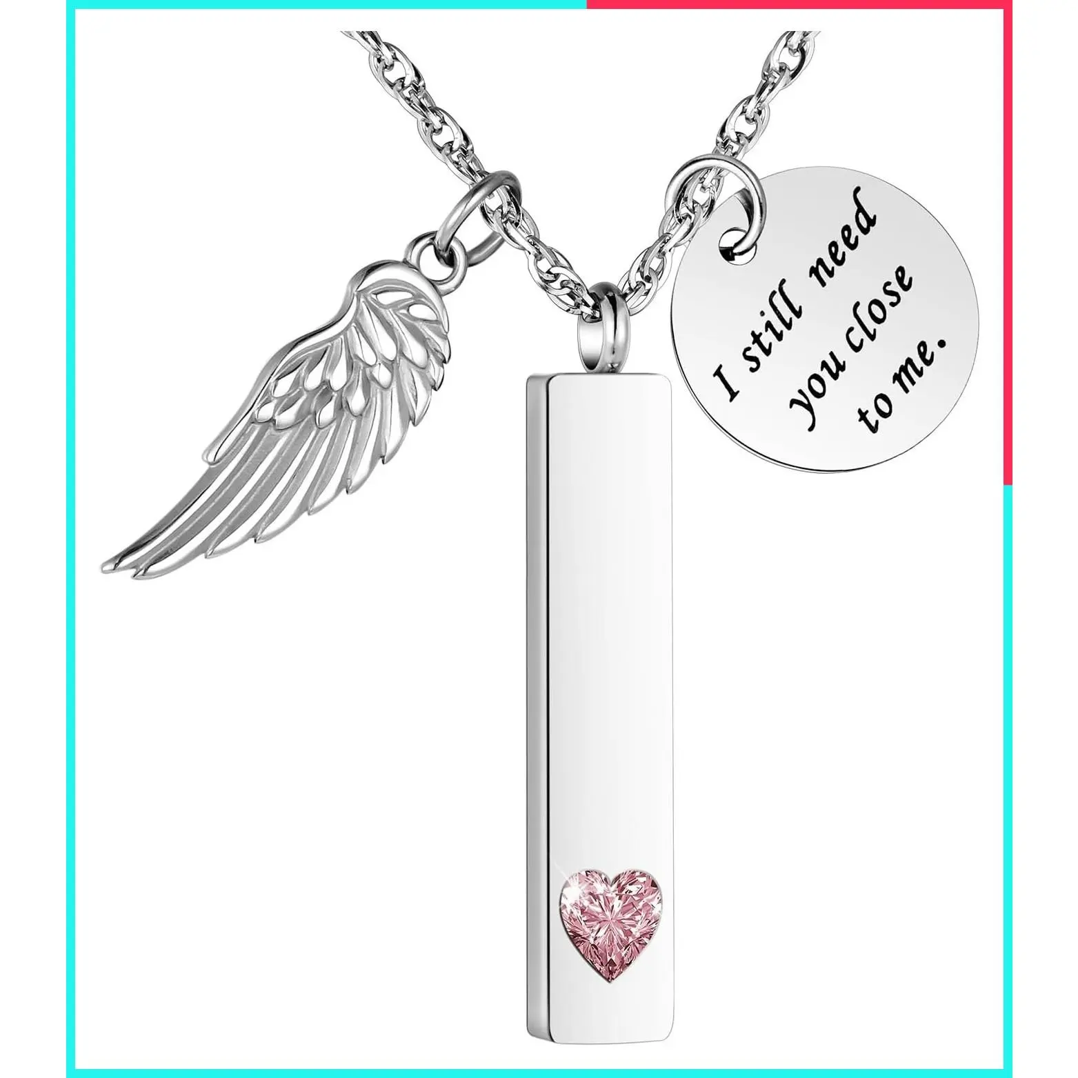 Angel Wing Charm Cremation Jewelry for Ashes Vertical Bar Urn Necklace Stainless Steel Memorial Keepsake Pendant for Women