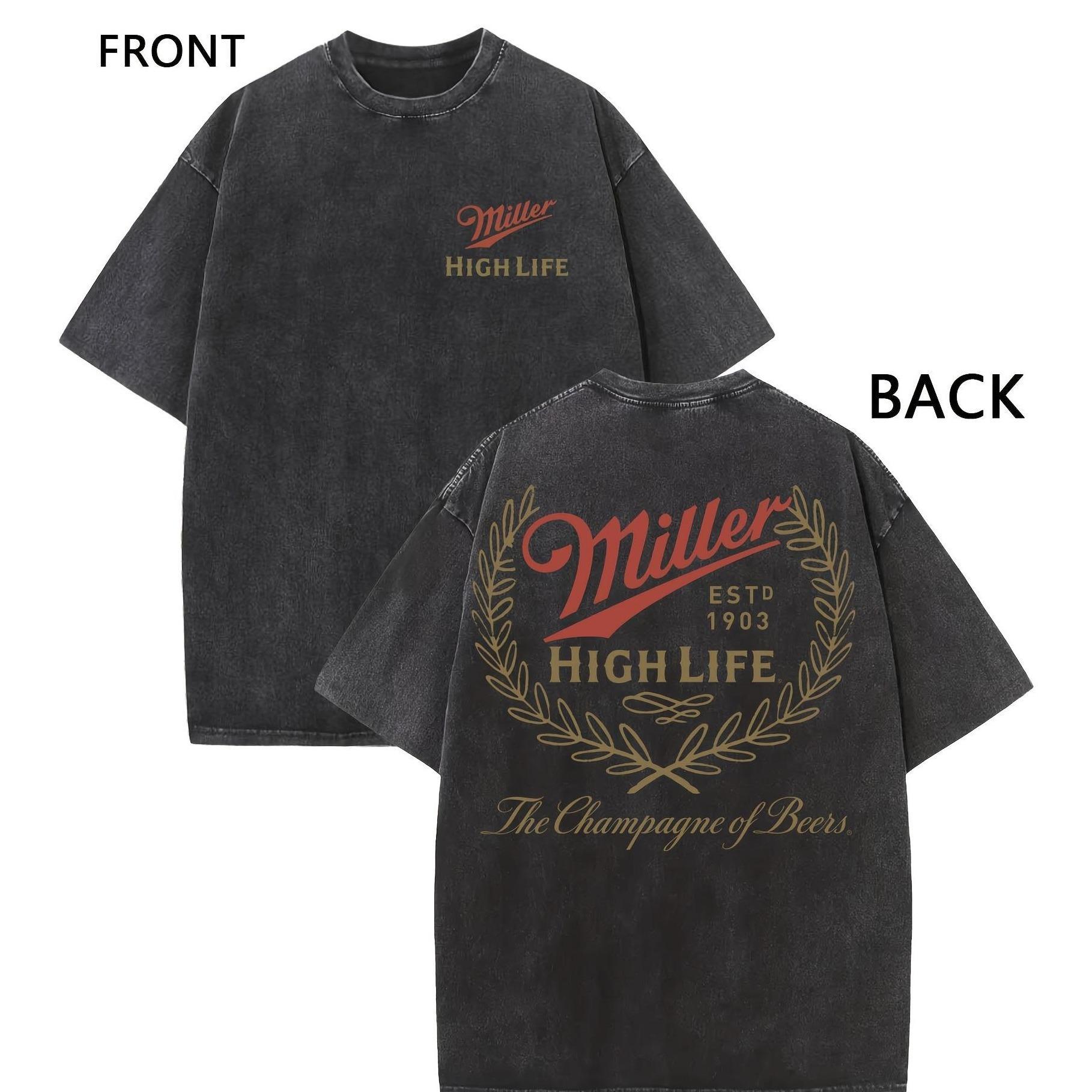 Holafish Acid Wash  Miller High Life Champagne Beer Front And Back Graphic Print, Boutique 230g Washed Distressed Batik Thickened Cotton , Men's Fashion Casual Cotton , Short Sleeve Crew Neck  unisex funny cat t-shirt worm women