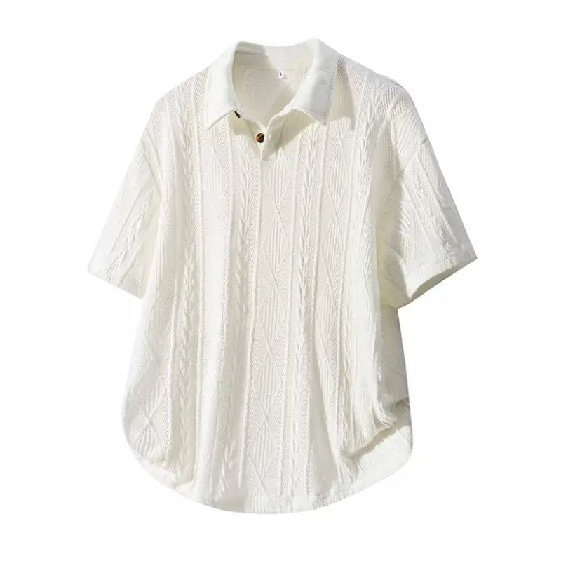 Cable Jacquard Knit Short Sleeve Polo Shirt, Lapel Collar Two Button Placket, Oversized Drop Shoulder Loose Cut, Curved Arc Bottom Hem, Breathable Hollow Knitted Fabric, Gentle Daily Business Casual Top # SummerWins