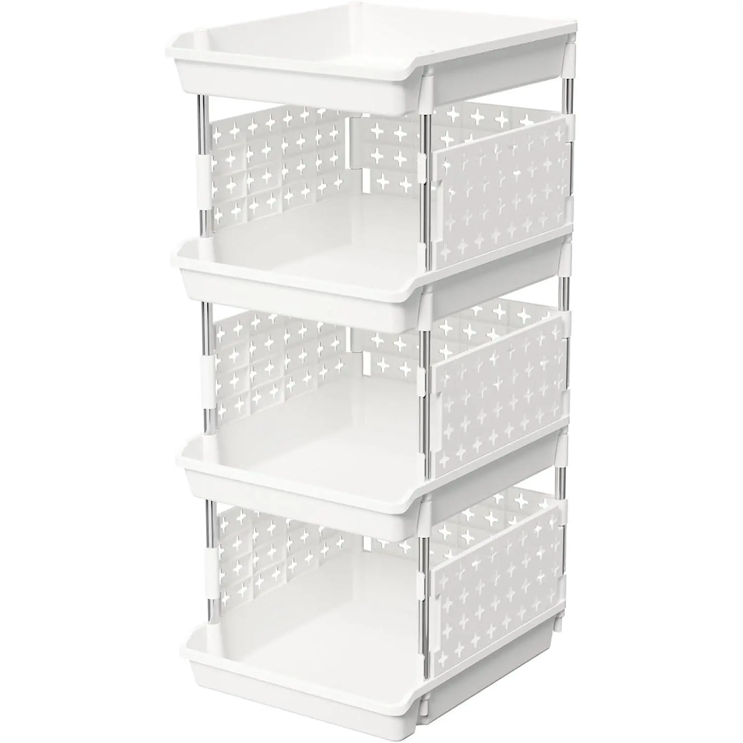 Plastic Stackable Storage Baskets, 4 Tier Stacking Bins for Food and Clothes, Multifunctional Organizer for RV, Kitchen, Playroom, Pantry and Bathroom, 13.8"D x 11.8"W x 28.3"H, 1 Pack White