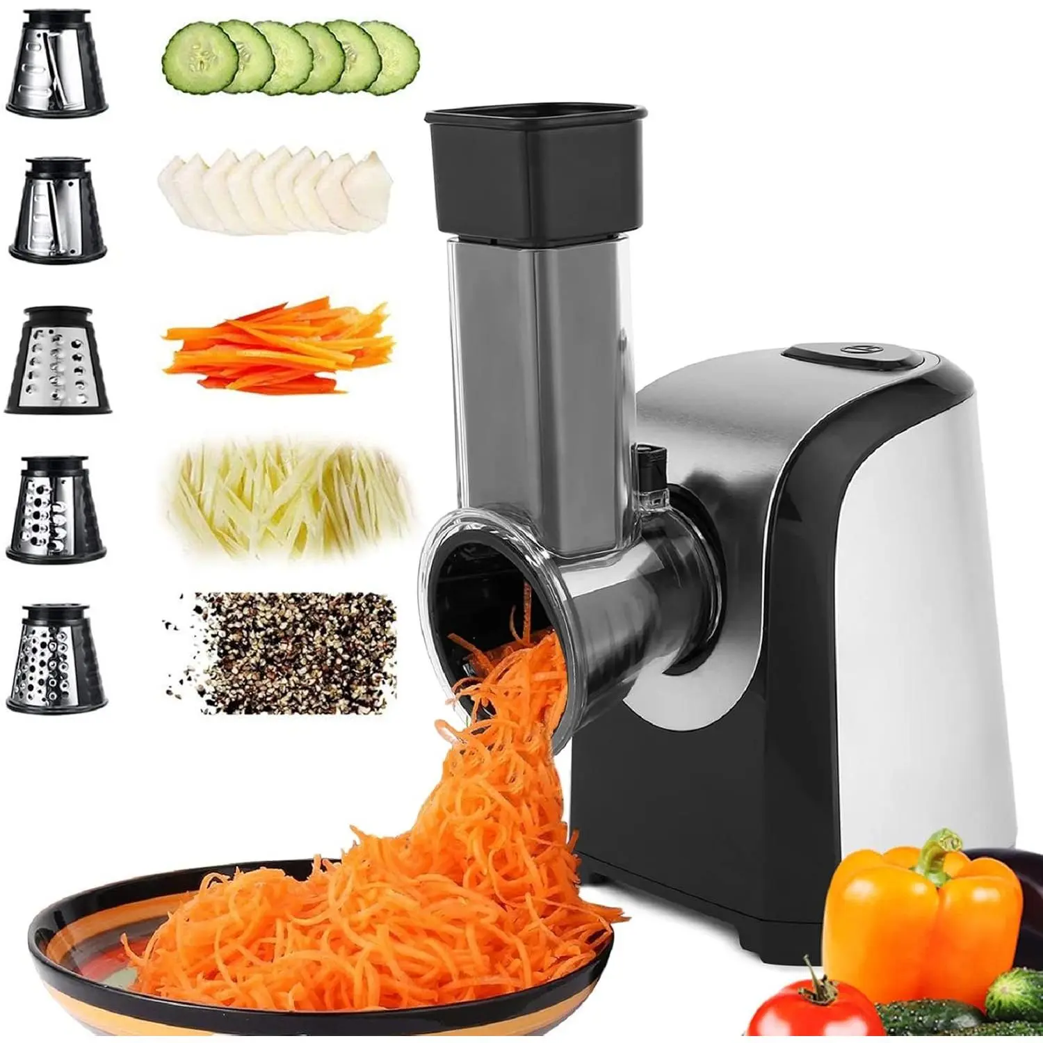 Electric Cheese Grater Slicer Shredder Salad Maker for Kitchen 150W 5-in-1 | Slices shreds grates cheese carrot  cucumber nuts, 5 stainless steel cones,for salad pizza soup tacos,- control
