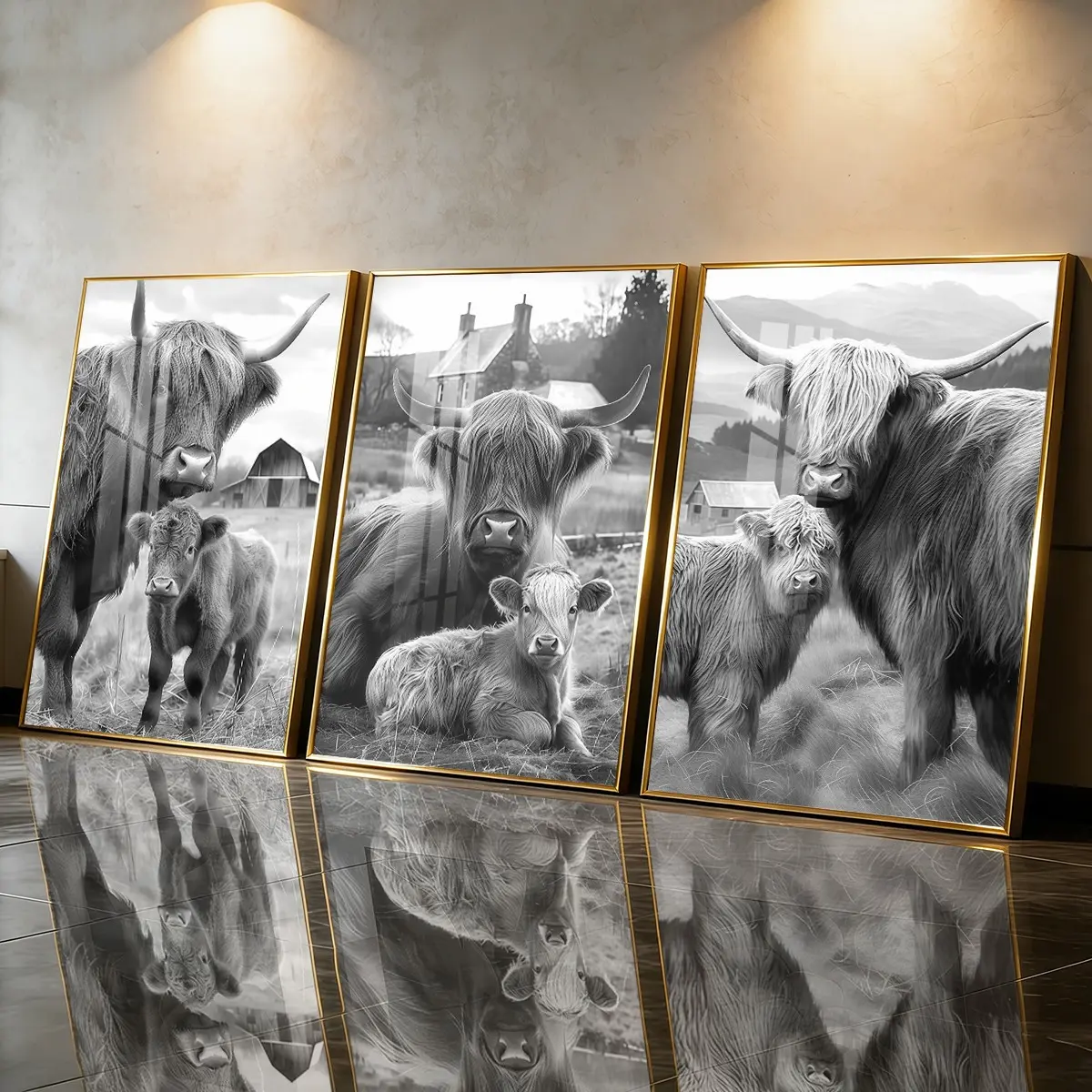 3 Count Aluminum Alloy Frame Canvas， Highland Cattle Farm Poster， Modern Living Room Decoration， Light Luxury Family Art， Suitable For Bedroom， Corridor And Office Wall Decor， Gift
