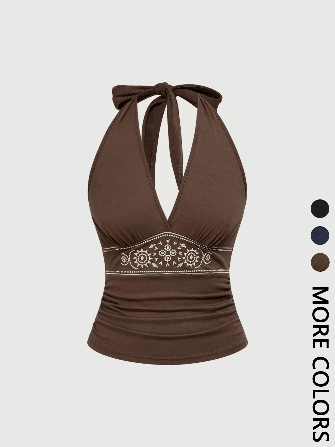 Vintage Coffee Color Embroidered Halter Top, Butterfly Knot Low Neck Design, Hippie Style Summer Vacation Casual Boho Sleeveless Shirt