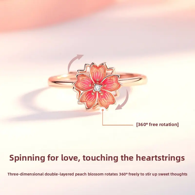 Women's Rotatable Peach Blossom Fidget Ring - Pink Enamel Open Adjustable Ring with Rose Gold Crystal Zircon for Anxiety Stress Relief, Costume   everyday fine   Jewelry Gift Set with Earrings & Necklace e