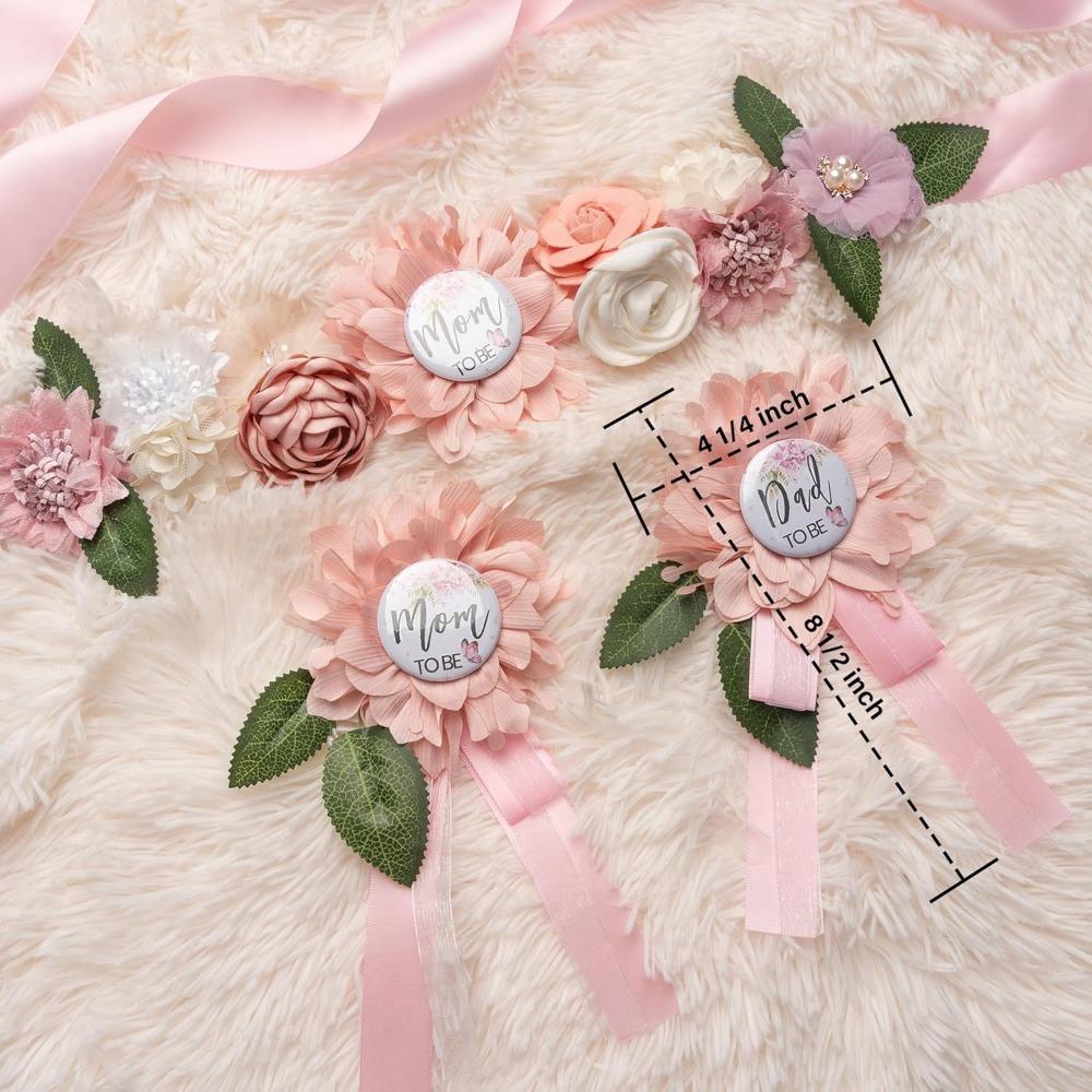 Set of 3 Flower Sash Set Shower Mom To Be Daddy To Be Corsage Pin Pink Flower Belt for Maternity Dress Photo Props Supplies Gender Reveal Decorations Strong Sense Masks Ornaments