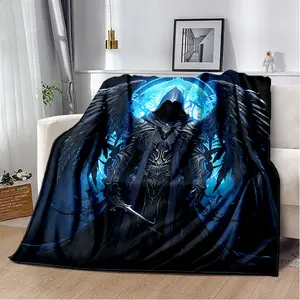 Dark Winged Reaper Blue Glow Magic Sigil Fantasy Fleece Throw Blanket, All Season Soft Blanket for Sofa Bed Nap Office Travel Camping Car, Gothic Dark Fantasy Warrior Gift For Gamers & Dark Art Fans