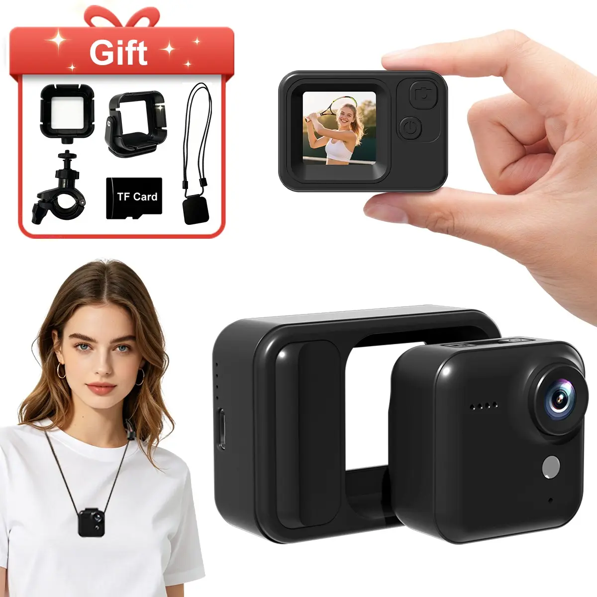 Portable Mini Action Camera with Memory Card Included, Mini Camcorder, Magnetic Neck Strap, One-Click Photo & Video Recording, Loop Recording, Time-Lapse, Bike Handlebar Mount, Hat Clip, 2 Detachable Protective Cases
