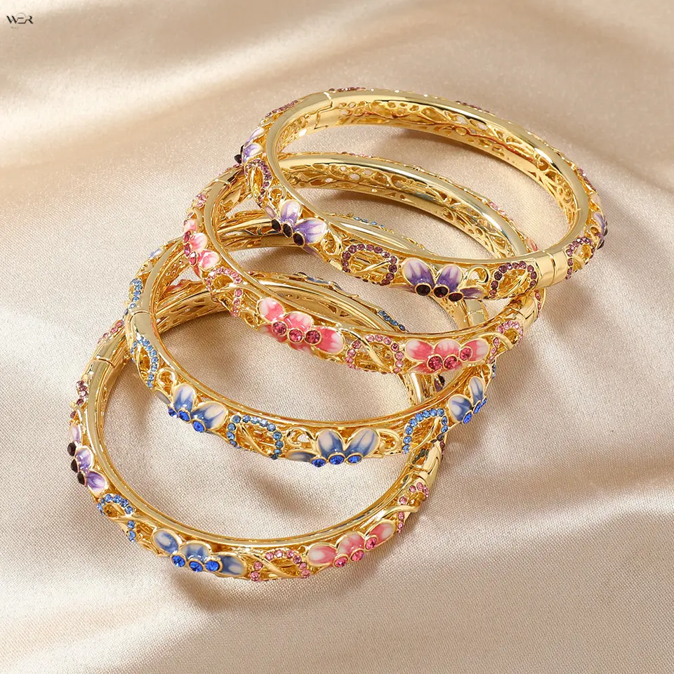 Gold Alloy Rhinestone Enamel Floral Bangle Bracelet Inner Diameter 60mm Width 8mm Weight 25.6g Purple Pink Blue Multicolor Open Cuff Style Elegant Statement Fashion Jewelry Women Girls Everyday Special Occasion Gift Accessory