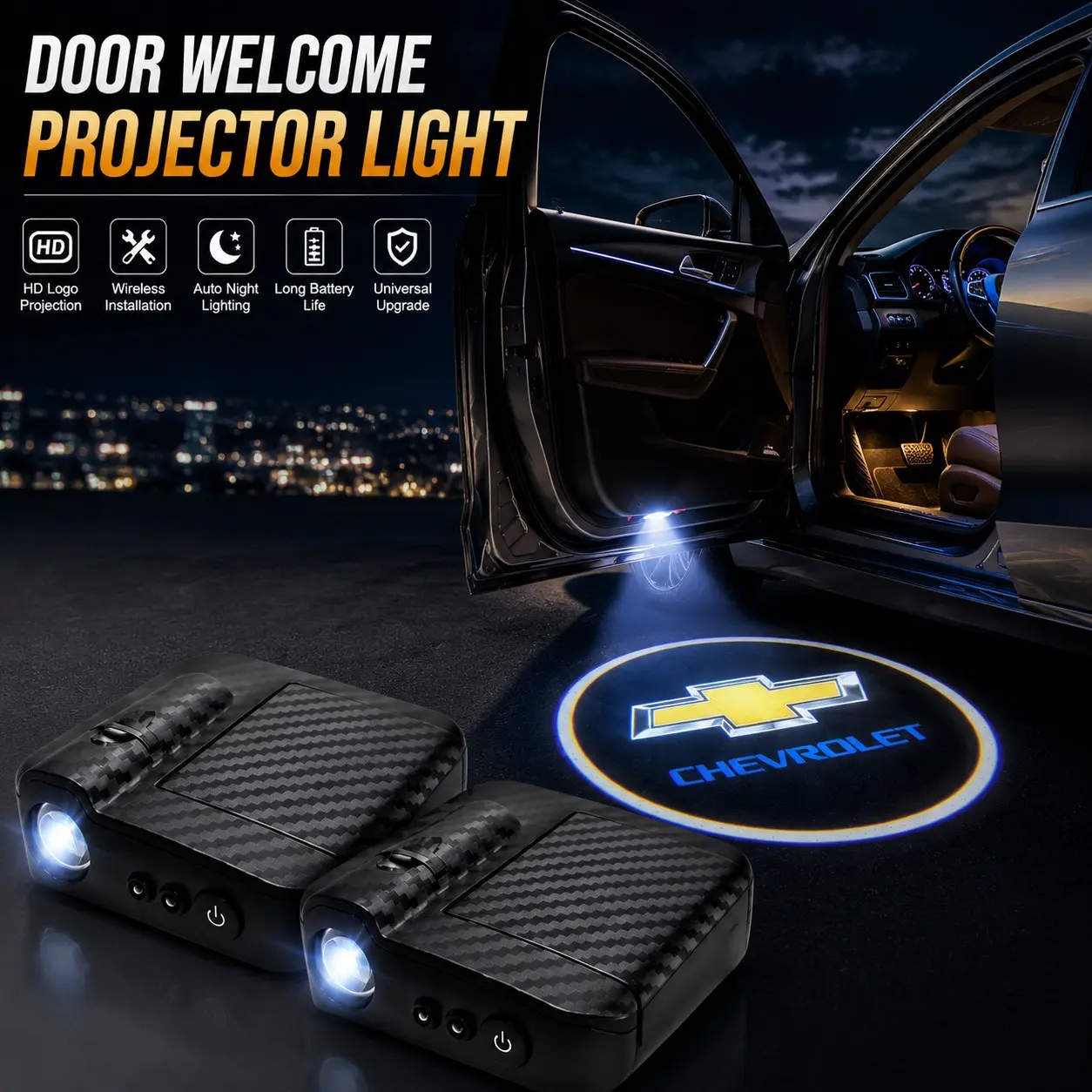 💡🚗2PCS Chevy Door Welcome Light LED Logo Projector, Car Welcome Lights, Wireless Infrared Sensor Car Puddle Light, HD Projection Auto On Night Lamp, Battery Powered No Wiring Installation, Carbon Fiber Shell Interior Exterior Car Accessories