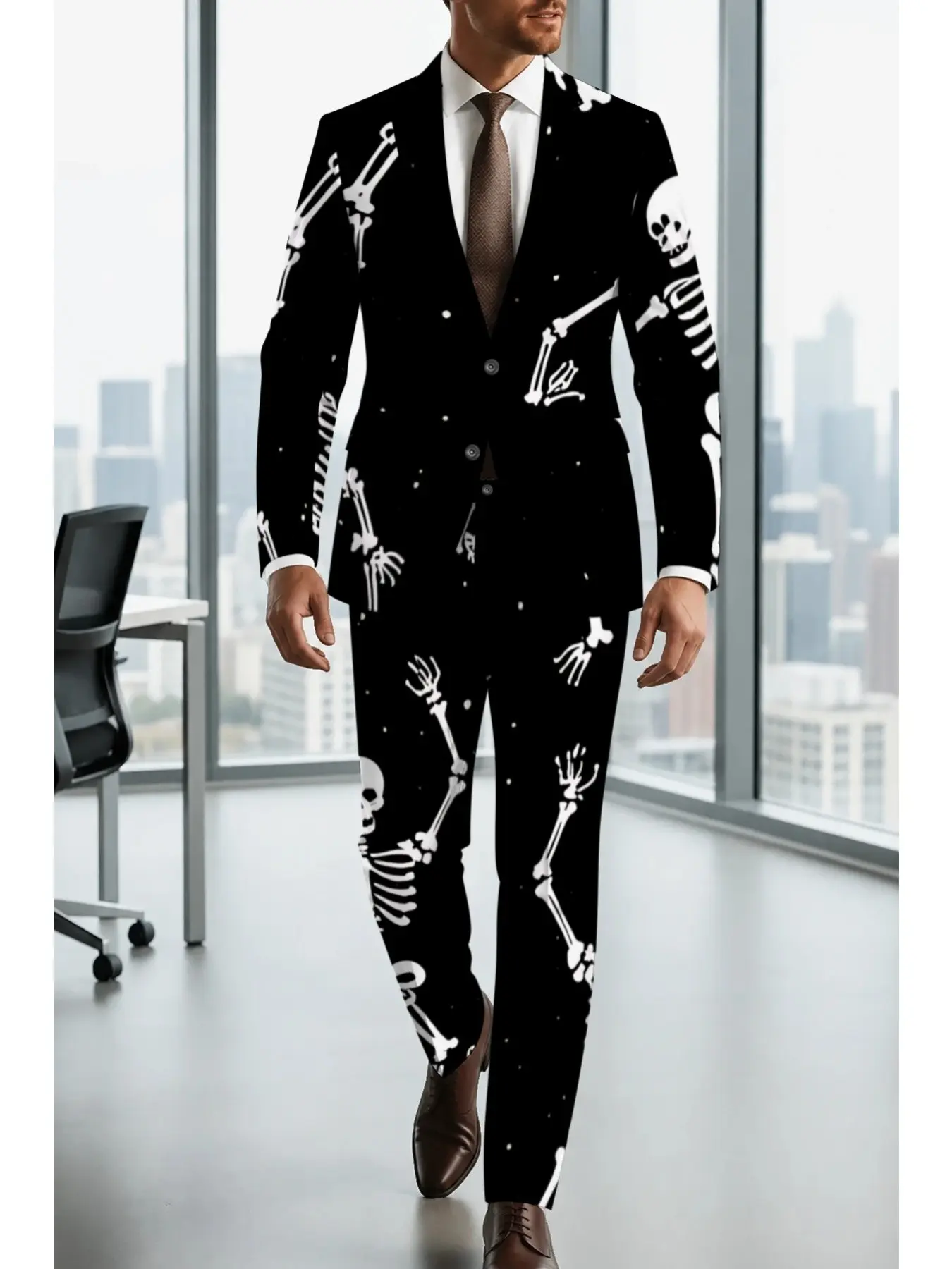Subculture Cool Trendy Suit Set, Dark Skull Skeleton Full Print Blazer Set, Men's Halloween Rock Party Casual, Two-Piece Ensemble