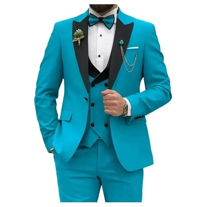Men's Custom-Fit 3-Piece Double-Breasted Blue Suit - Blazer, Vest, Pants - Corporate, Work Style Classy Custom-Built Suits - 3-Piece Set for Business Formal, Wedding Events - 15-Day Shipment, No Returns/Exchanges, Corporate Style, Custom-Built Men's Suits