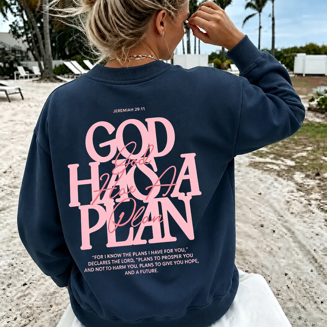 Women's God Has A Plan Crewneck Sweatshirt - Jeremiah 29:11 Bible Verse, Christian Faith, Inspirational Prints, Everyday Casual Long Sleeve Pullover Tops, Soft Fabric, Birthday Gift Option, Matching Sweatpants Compatible