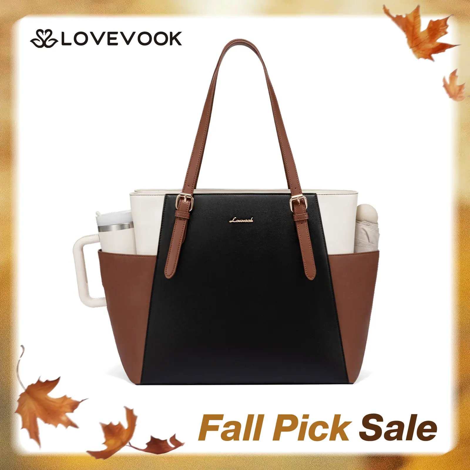 LOVEVOOK Work Tote for Women with Large Cup Holder, Multiple Pockets, Adjustable Shoulder Straps – 15.6-Inch Laptop and Tablet Compartment, Practical Chic Commuter and Travel Briefcase, PU Leather Multiplepockets Cupholder