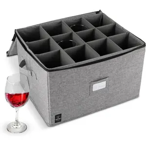 Wine Glass Storage Holds 12 Stemware Glasses Stackable Fully-Padded Inside with Hard Top and Sides Grey