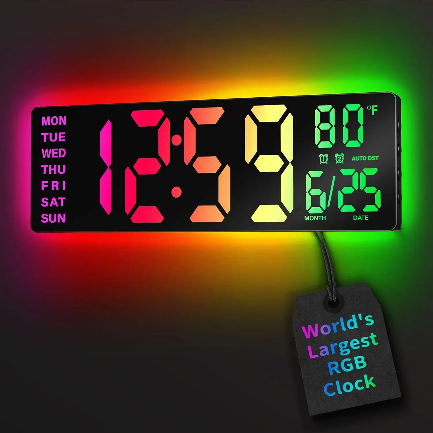 16.5" Large Digital Wall Clock with BT Sync, RGB Lights with 11 Scenes Mode Remote Control, Dual Alarms with Big LED Display, Auto DST, Temperature  Classroom Gaming