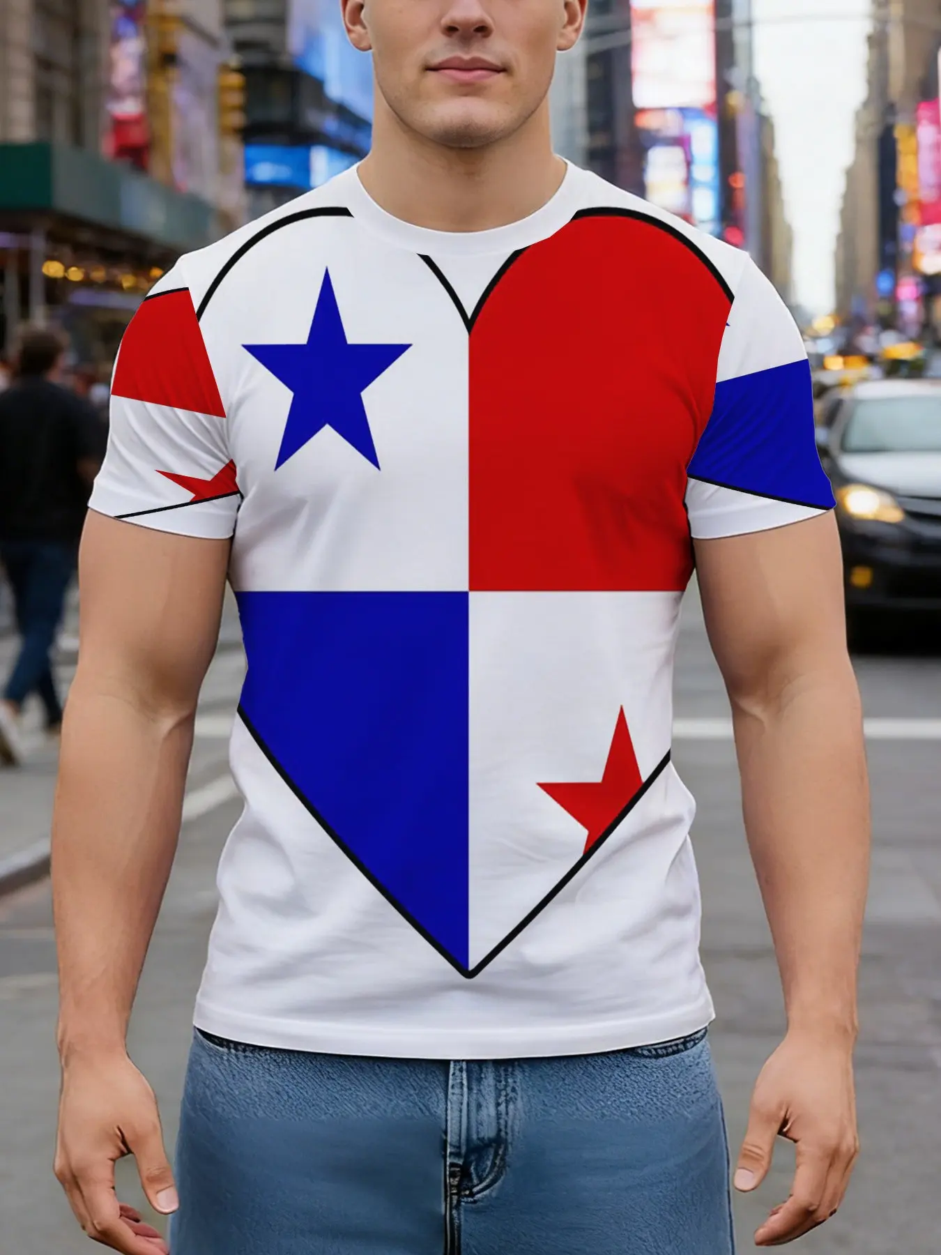 Panama Style Flag Print T-Shirt, Men's Breathable Short Sleeve Casual Top, Blue Heart Pattern Round Neck, Streetwear Sports Tee