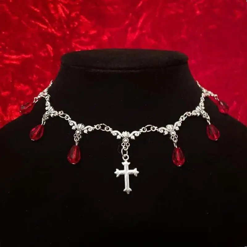 Vampire Bite Chokers Blood Drips Cross Necklace Romantic Gothic Victorian Gorgeous Jewelry Fashion Women Halloween Party Gift