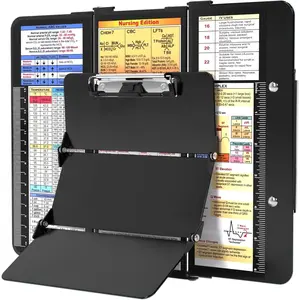 Foldable 3 Layers Aluminum Nursing Clipboard with Nursing Edition Cheat Charts Low Profile Clip & Pen Clip Pocket for Students Nurses and Doctors Black