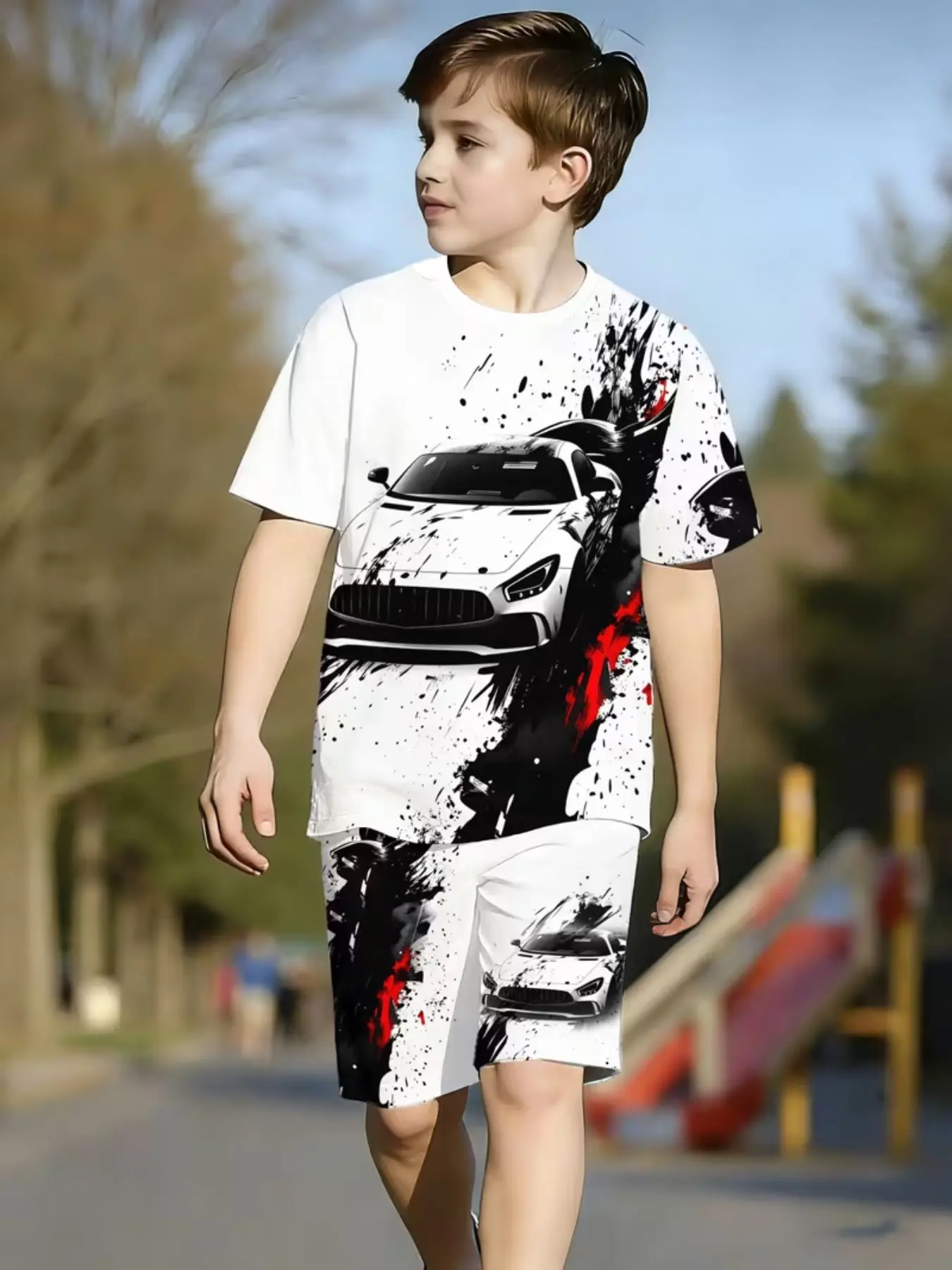 Trendy Racing Print Kids' Clothing, Boy's Summer Short Sleeve Shorts Set, Casual Sportswear, Fitted All over Print Suit