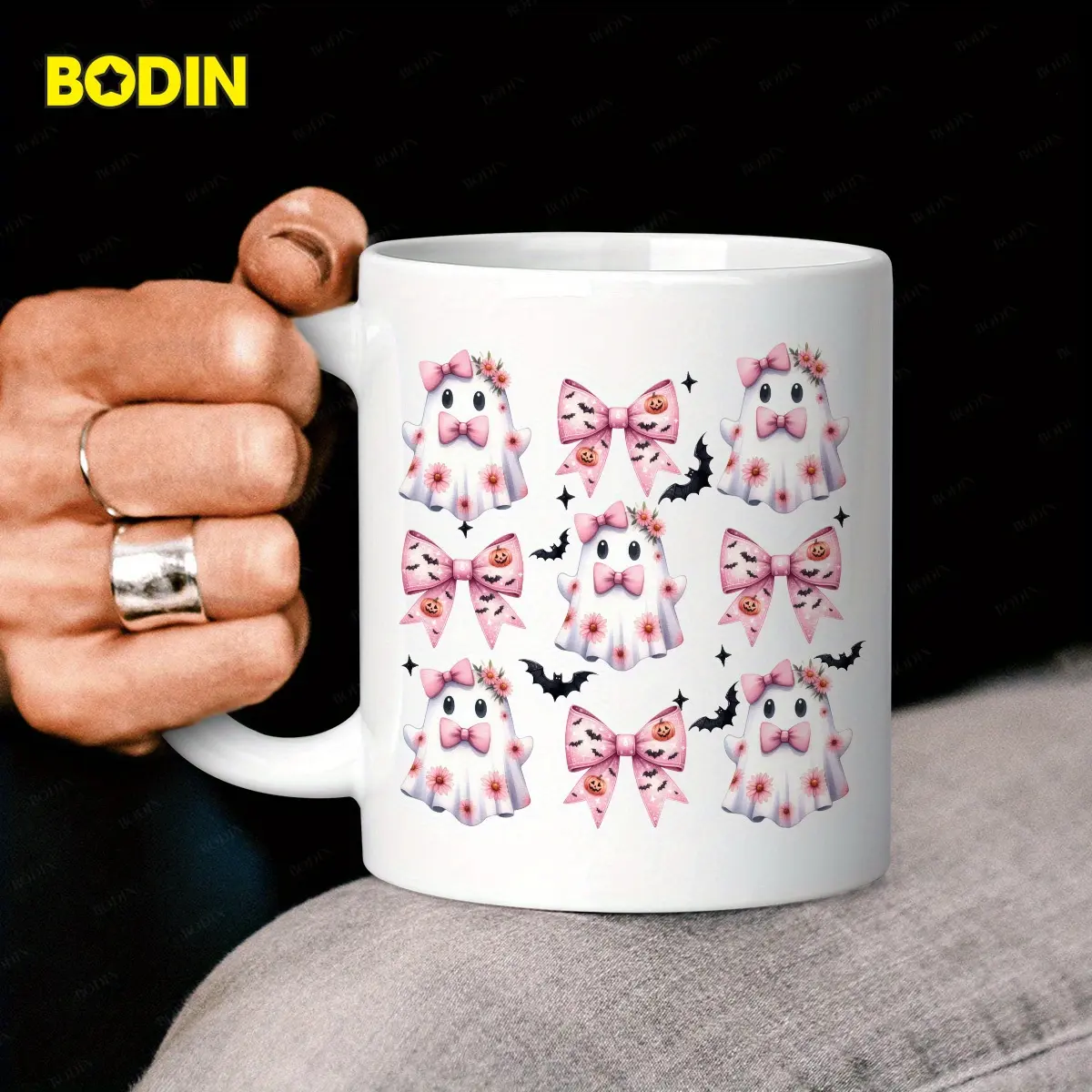 11oz Modern Ceramic Coffee Mug - Cute Ghost Bow Design, Dishwasher Safe, Halloween Gift, Single Mug for Home & Friends Festive Drinkware