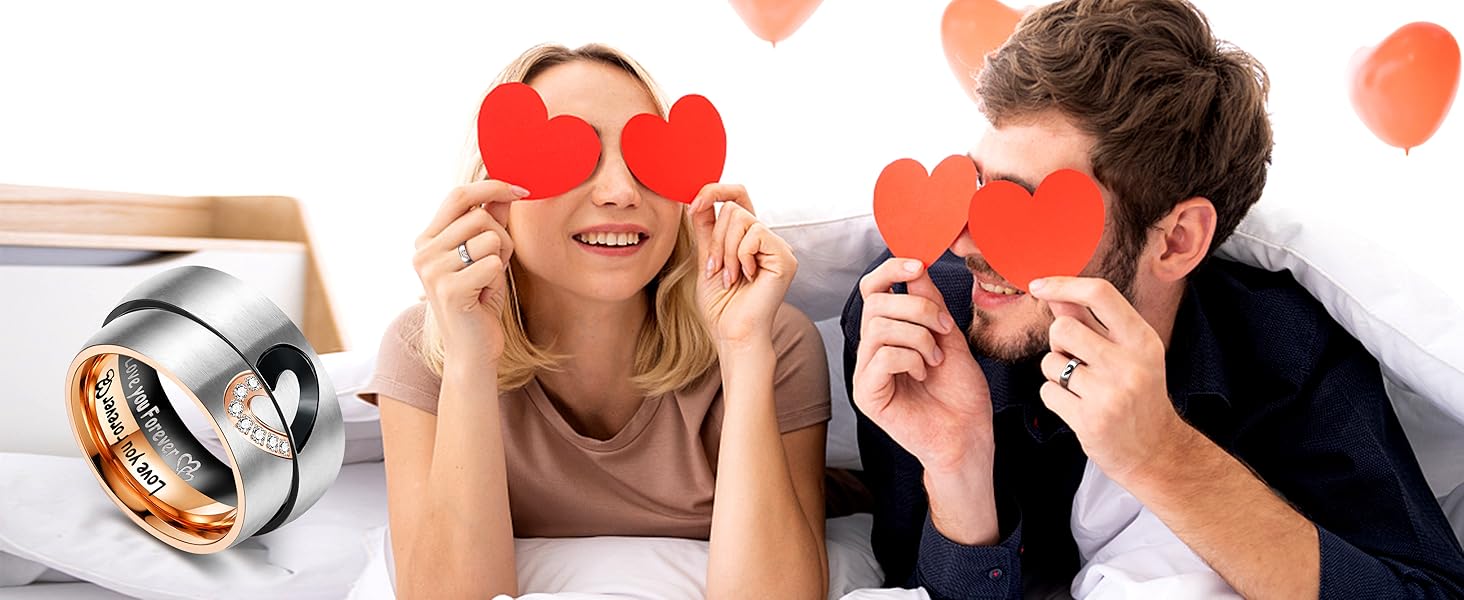 Couple Projection Necklaces 100 Languages I Love You Pendant Set Matching Promise Rings with Love You Forever Inner Engraving Stainless Steel Hypoallergenic Gift for Him and Her