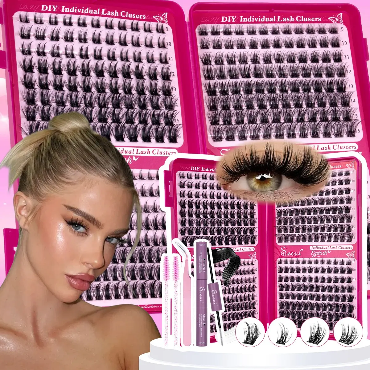 DIY Lash Clusters Kit, Volume/Doll Lash Extension Kit, Mixed Style Lash Clusters, Faux Mink Lashes Kit, Cutey Lash Kit, Soft Lightweight Curled Eyelashes, Waterproof Long-Lasting, Includes Bond&Seal, Brushes, Tweezers, Beginner Friendly