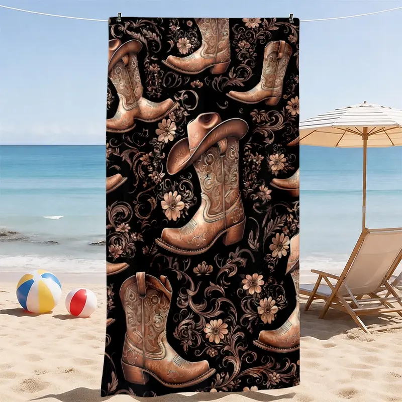 Western Style Beach Towel, Vintage Western Pattern with Floral Design, Absorbent and Sand-Resistant, Ideal for Beach, Pool, Travel, Camping, Quick Dry Towel