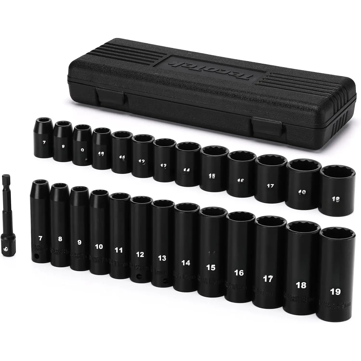 27 count 3/8-Inch Drive 12-Point Metric  Socket Set, CR-V, 7mm to 19mm, Standard and Deep, 1/4"-3/8" Drill Adapter
