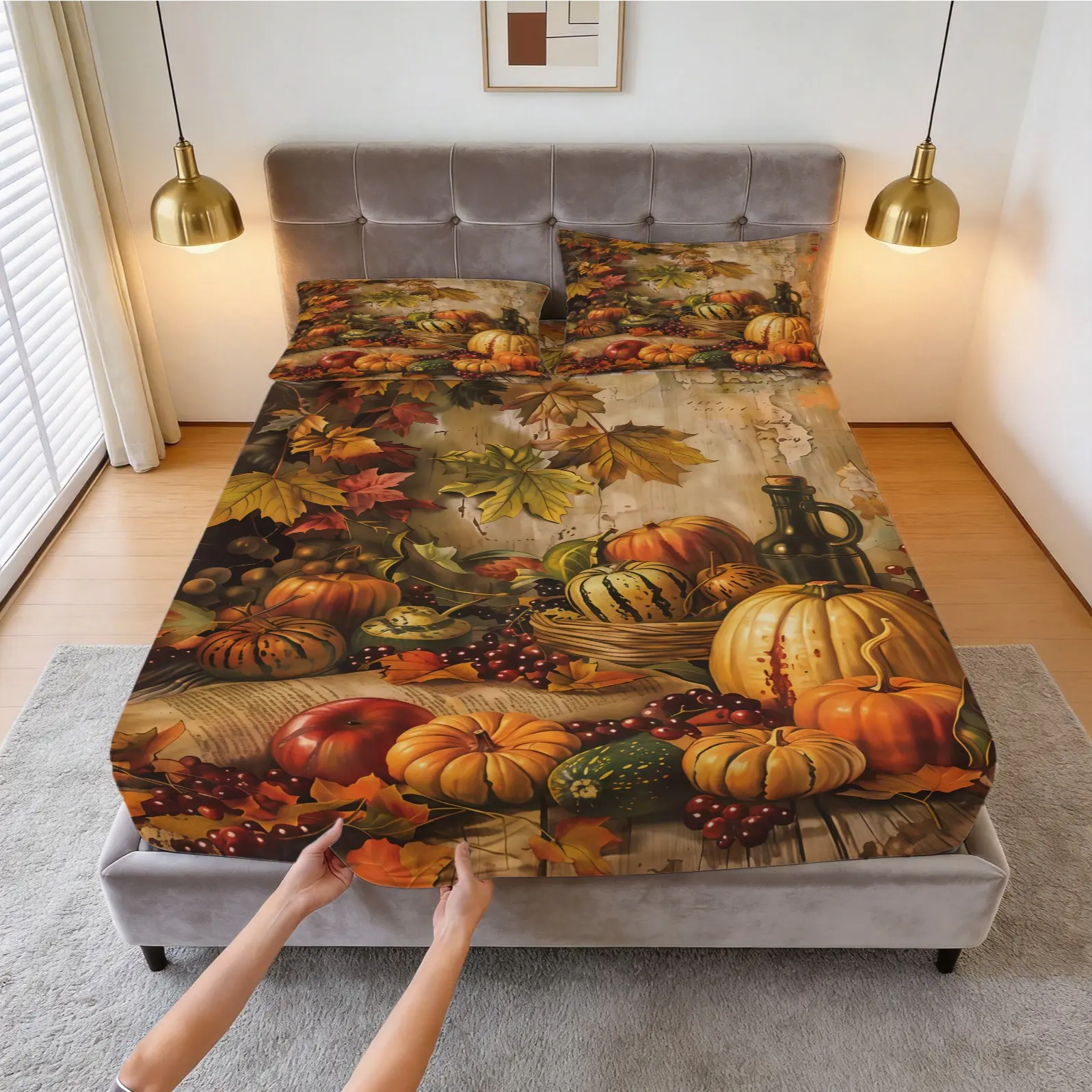 3-Piece Autumn Harvest Pumpkin Pattern Bed Sheet Set, Soft And Comfortable Bedding Set (1 Bed Sheet And 2 Pillowcases, Excluding Pillow Core), Suitable For Bedroom, Dormitory, And Apartment Scenarios