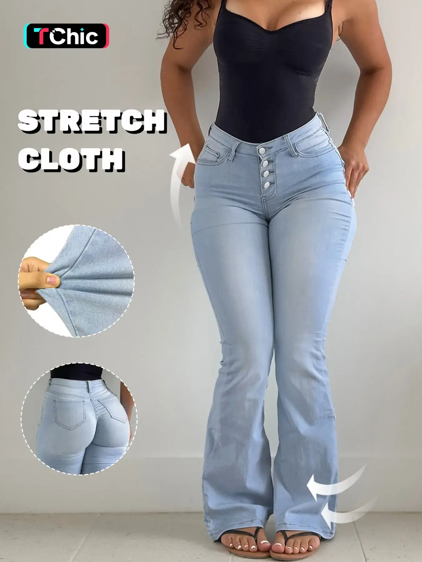 GILIPUR Women's Light Blue Washed High Waist Multi-Button Fly Butt Lifting Flare Jeans, High Stretch Slim Fit Floor Length Bootcut Denim Pants, Y2K Vintage Vibe Streetwear Daily Date Night Outfits for Women TChic