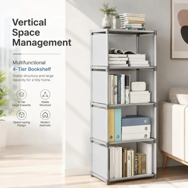 4-Tier Fabric Cube Storage Rack, Freestanding Open Bookcase, Sturdy Structure & Large Capacity, Neat Home Organization.