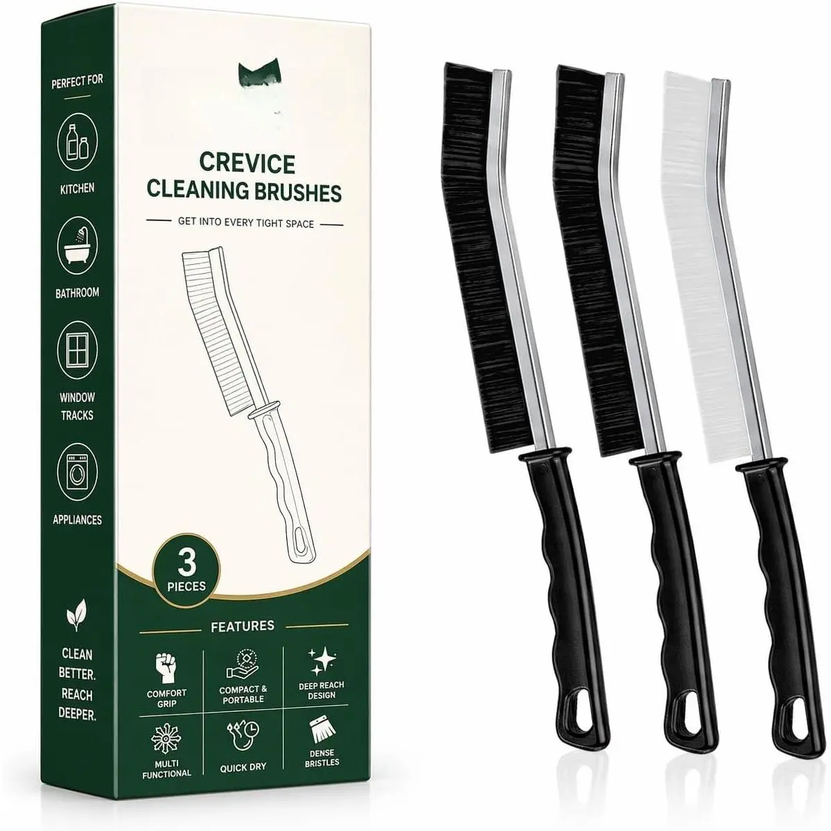 Crevice Cleaning Brush Set – 3 count Hard Bristle Cleaning Tools (2 Black & 1 White) for Grout, Tile Floors, Gaps & Narrow Spaces – Small Grout Scrub Brush for Bathroom, Shower, Window Tracks, Kitchen