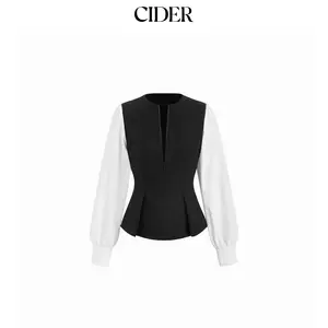 Cider Color-Blocking Lantern Sleeve Cinched Waist Shirt SummerFinds