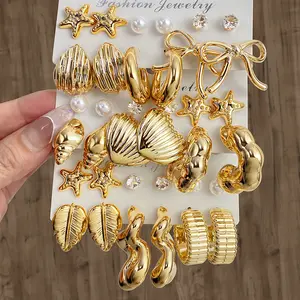 Women's 2026 Hypoallergenic Gold Hoop Earrings Set, Starfish-Shell-Bow Stud Earring Pack, Summer Beach Vacation Mermaidcore Jewelry Gift (Sports & Outdoor Accessories)